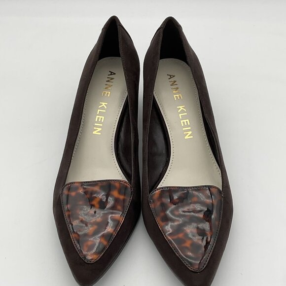 Anne Klein MEDLEY Slip On Brown Suede Low Heels Tortoiseshell Vamp & Heel 11M - Picture 2 of 11